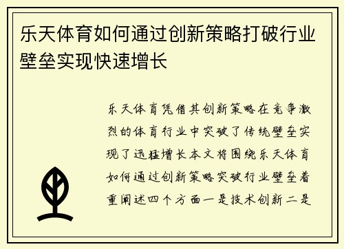 乐天体育如何通过创新策略打破行业壁垒实现快速增长