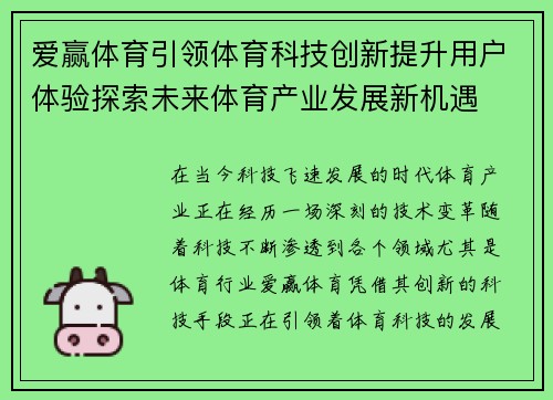 爱赢体育引领体育科技创新提升用户体验探索未来体育产业发展新机遇